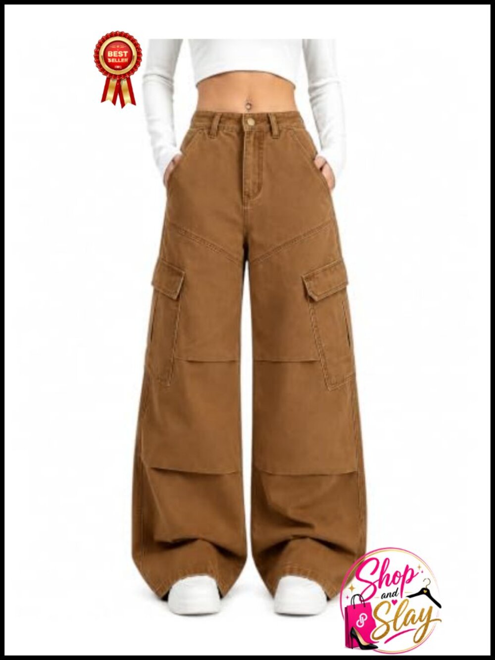 Wide Leg Cargo Jeans Baggy Denim Pants Mid Rise Cotton Blend